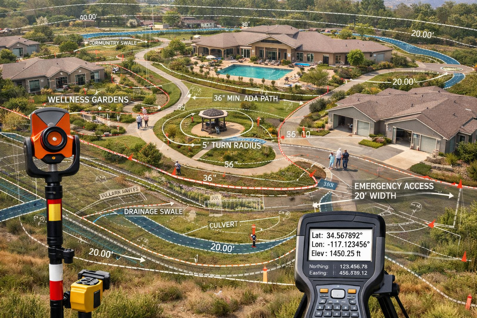 Detailed landscape format (1536x1024) image illustrating comprehensive site planning for age-in-place community features. Aerial perspective