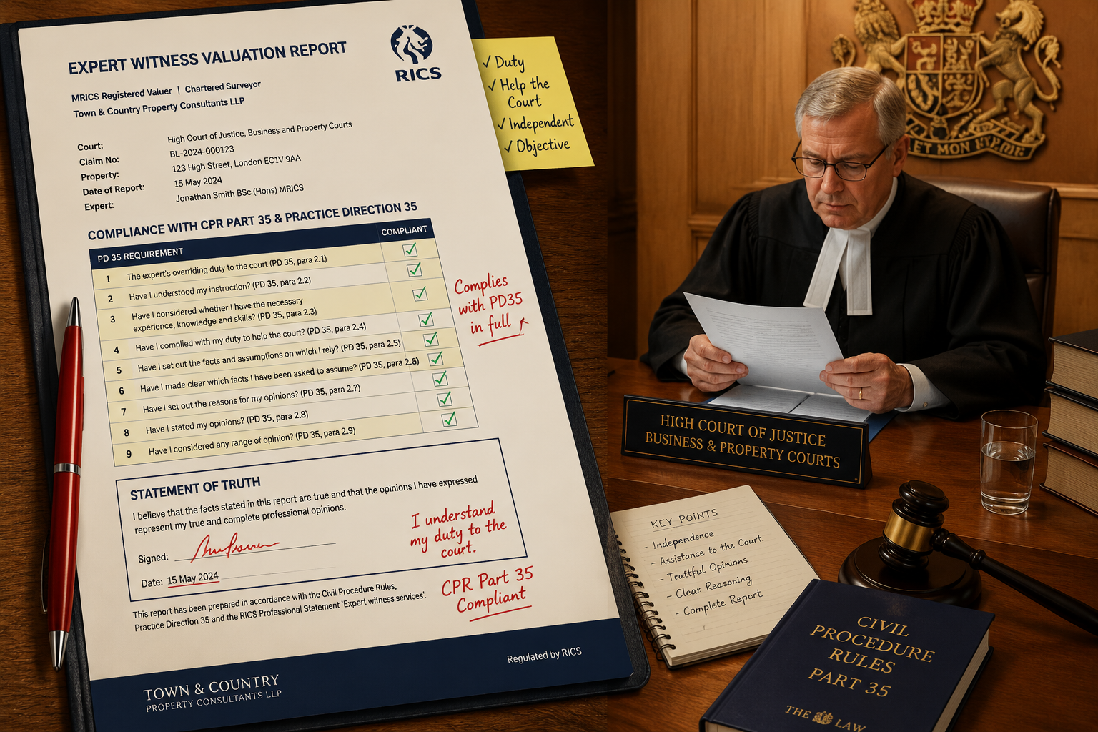 () editorial illustration showing a split-scene composition: left side features a close-up of a structured expert witness