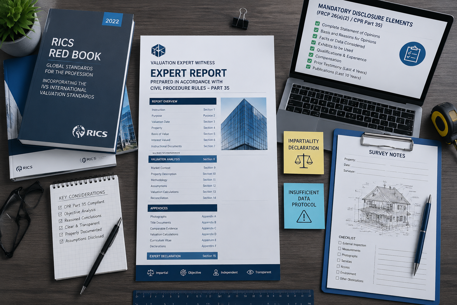 () infographic-style image showing a clean professional desk from a bird's-eye view with a valuation expert witness report
