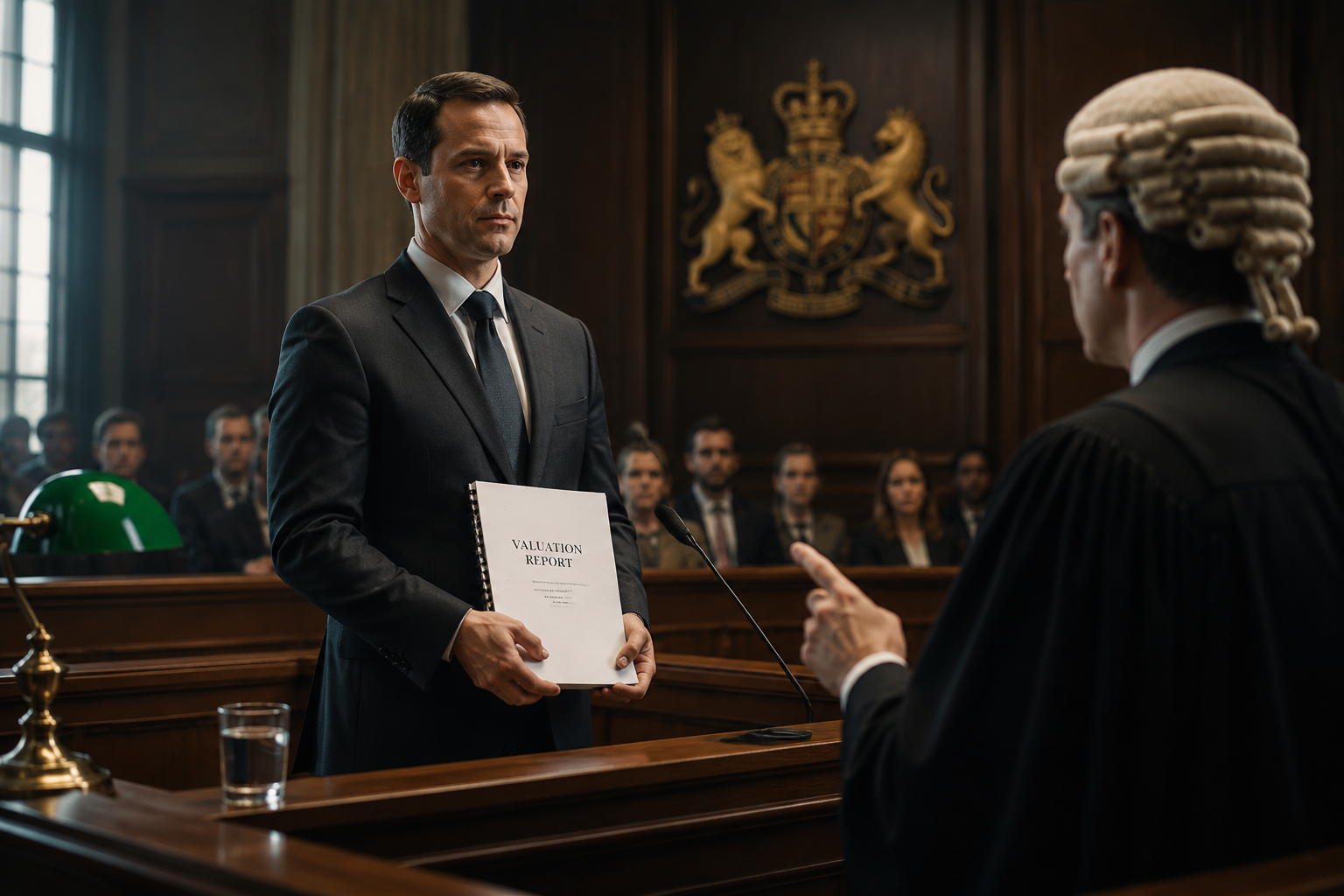 () image depicting a professional male surveyor in a suit standing confidently at a witness box in a formal courtroom,