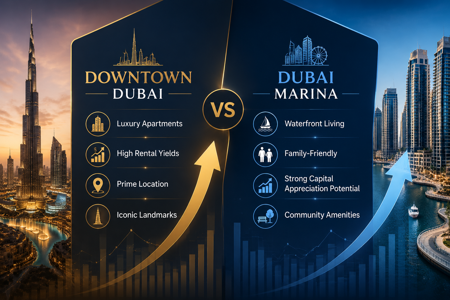 () image illustrating the distinct investment profiles of Downtown Dubai versus Dubai Marina. On the left, a stylized