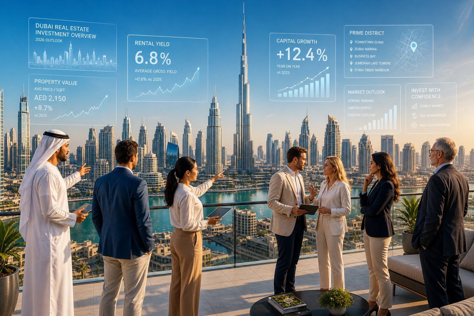 () image depicting a diverse group of international investors, dressed in business casual attire, standing on a panoramic