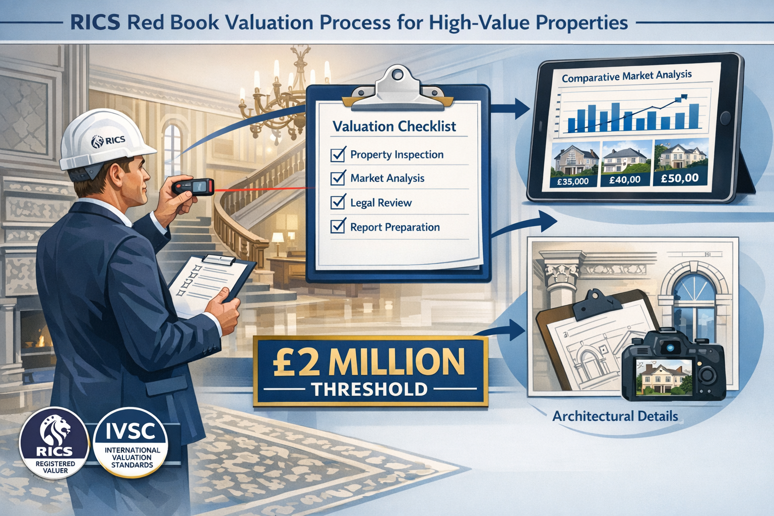 Detailed landscape format (1536x1024) illustration showing RICS Red Book valuation process for high-value properties, featuring professional