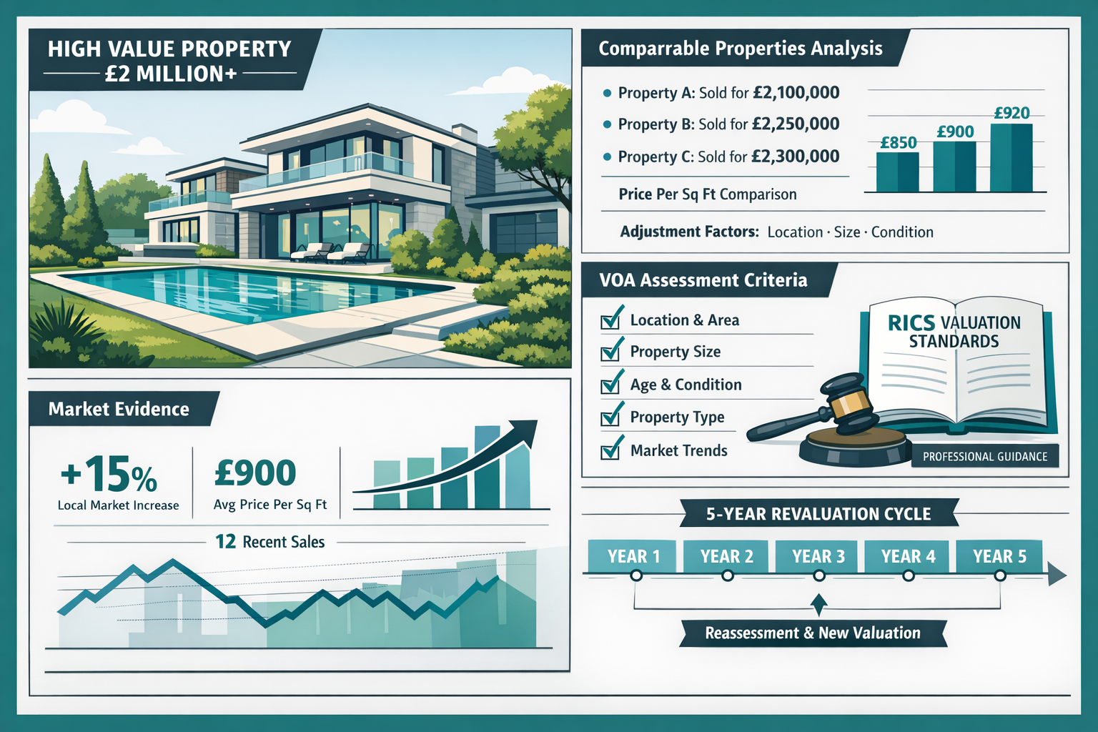 Detailed landscape format (1536x1024) technical diagram showing property valuation methodology for council tax surcharge disputes, split-scr
