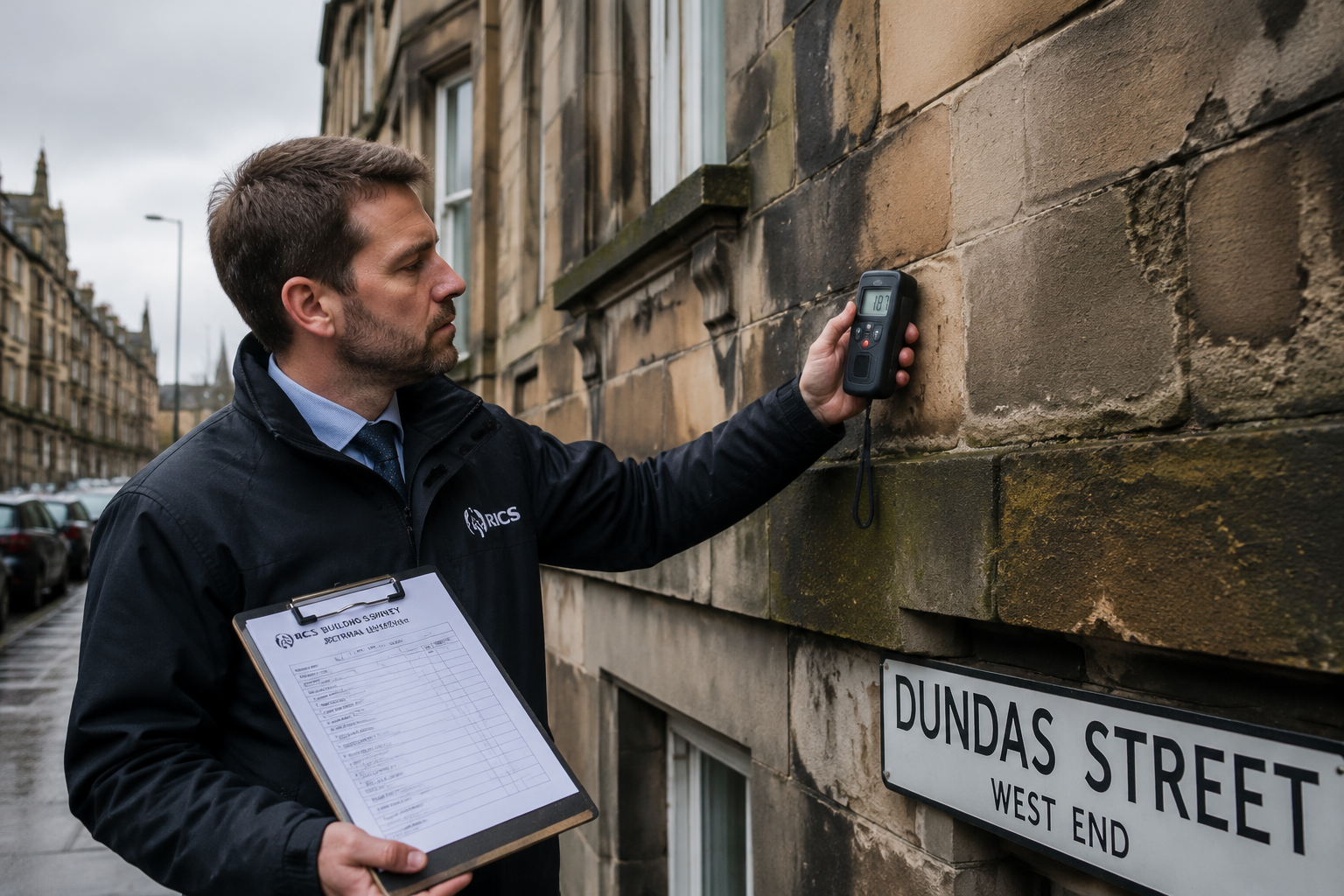 Wide-angle editorial photograph of a RICS chartered surveyor in professional attire inspecting the exterior stonework of a