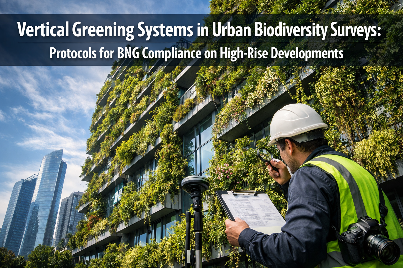 Professional () hero image featuring 'Vertical Greening Systems in Urban Biodiversity Surveys: Protocols for BNG Compliance