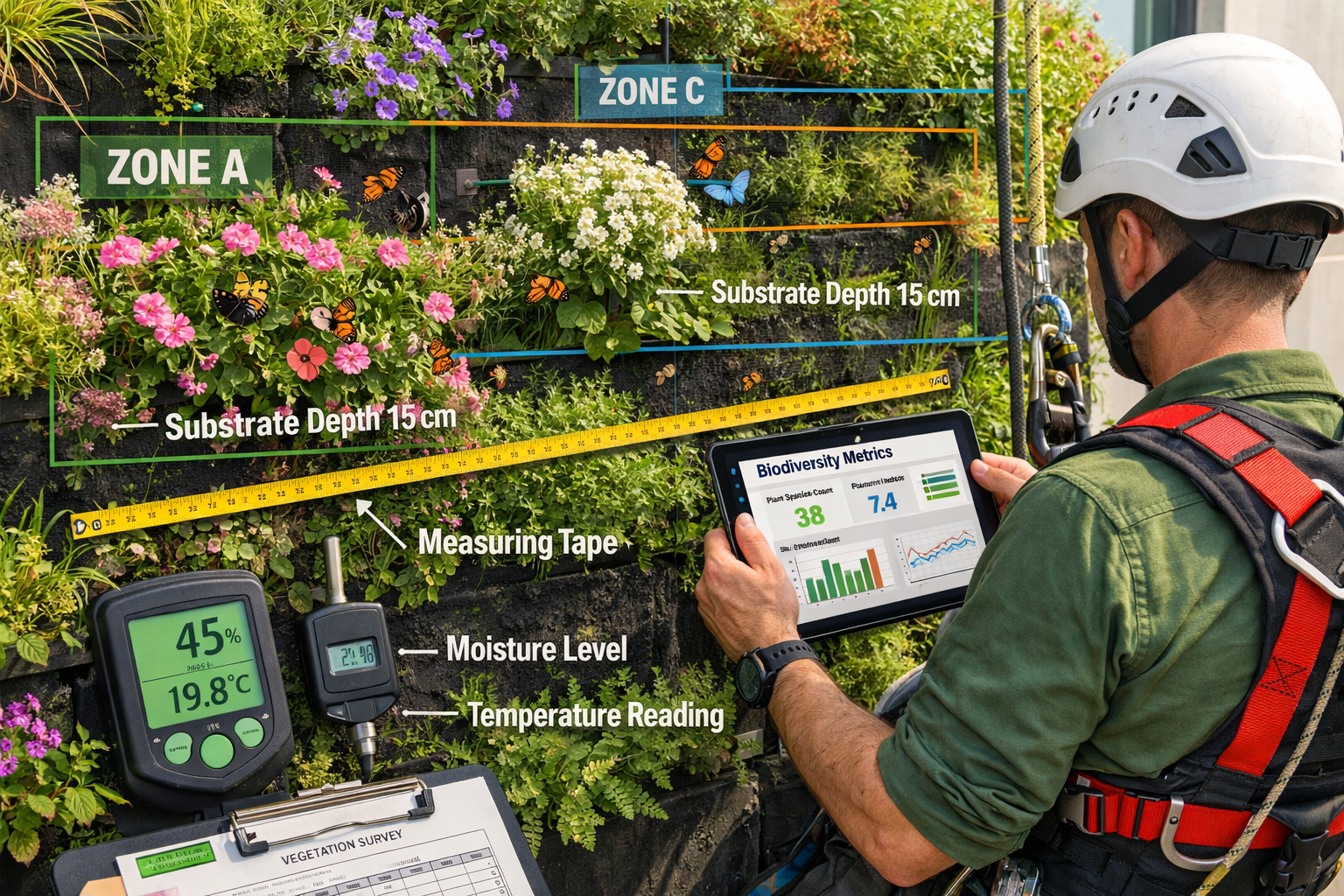 () detailed close-up view of ecologist conducting field survey on vertical greening system, wearing safety harness on