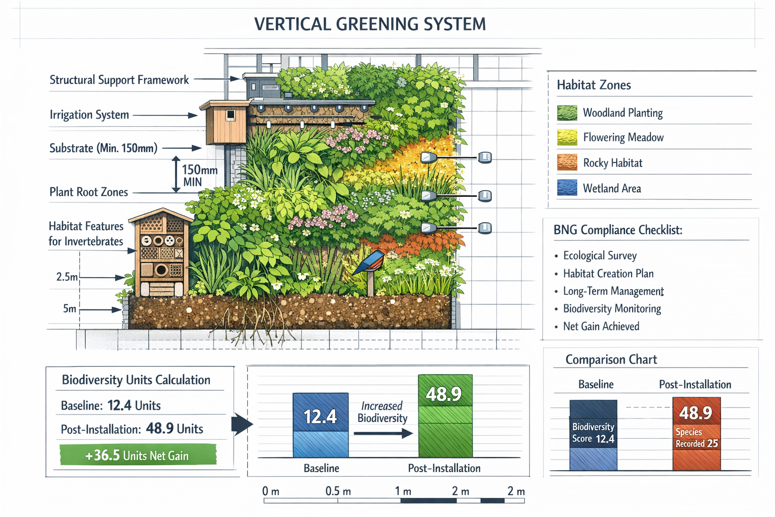 () technical diagram illustration showing cross-section of vertical greening system with labeled components: substrate depth