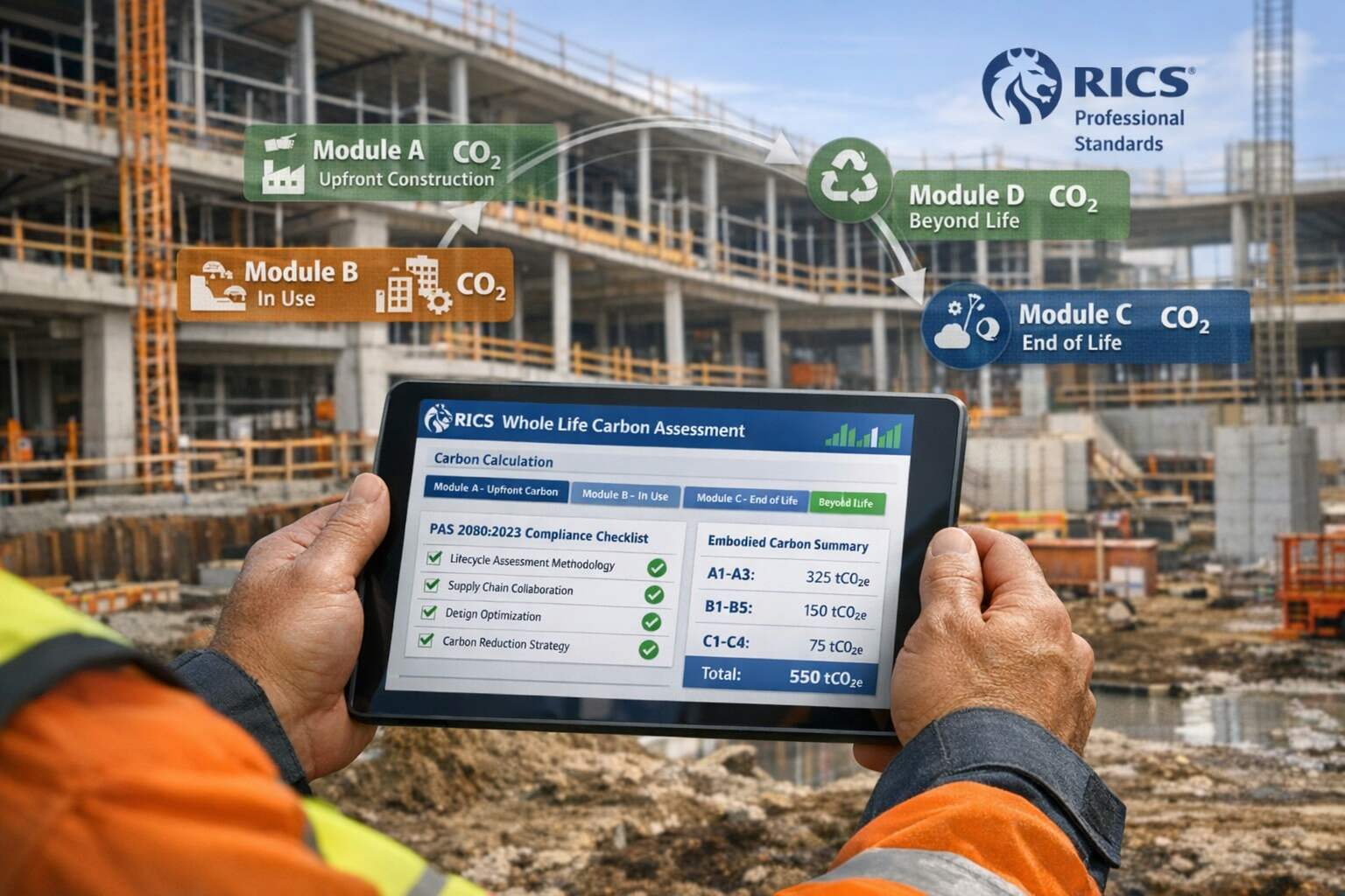 Detailed () image showing professional chartered surveyor in high-visibility vest using digital tablet displaying RICS Whole