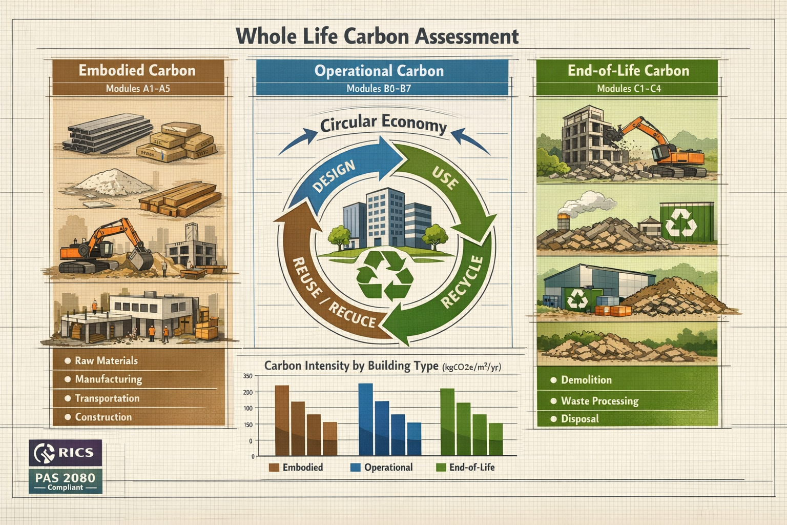 Detailed () technical infographic illustration displaying comprehensive whole life carbon assessment framework with three