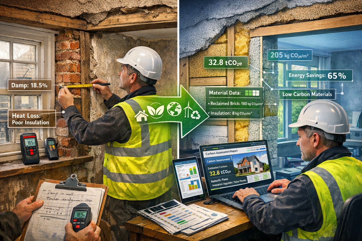 Detailed () split-screen composition showing practical surveyor implementation of carbon assessment. Left side displays