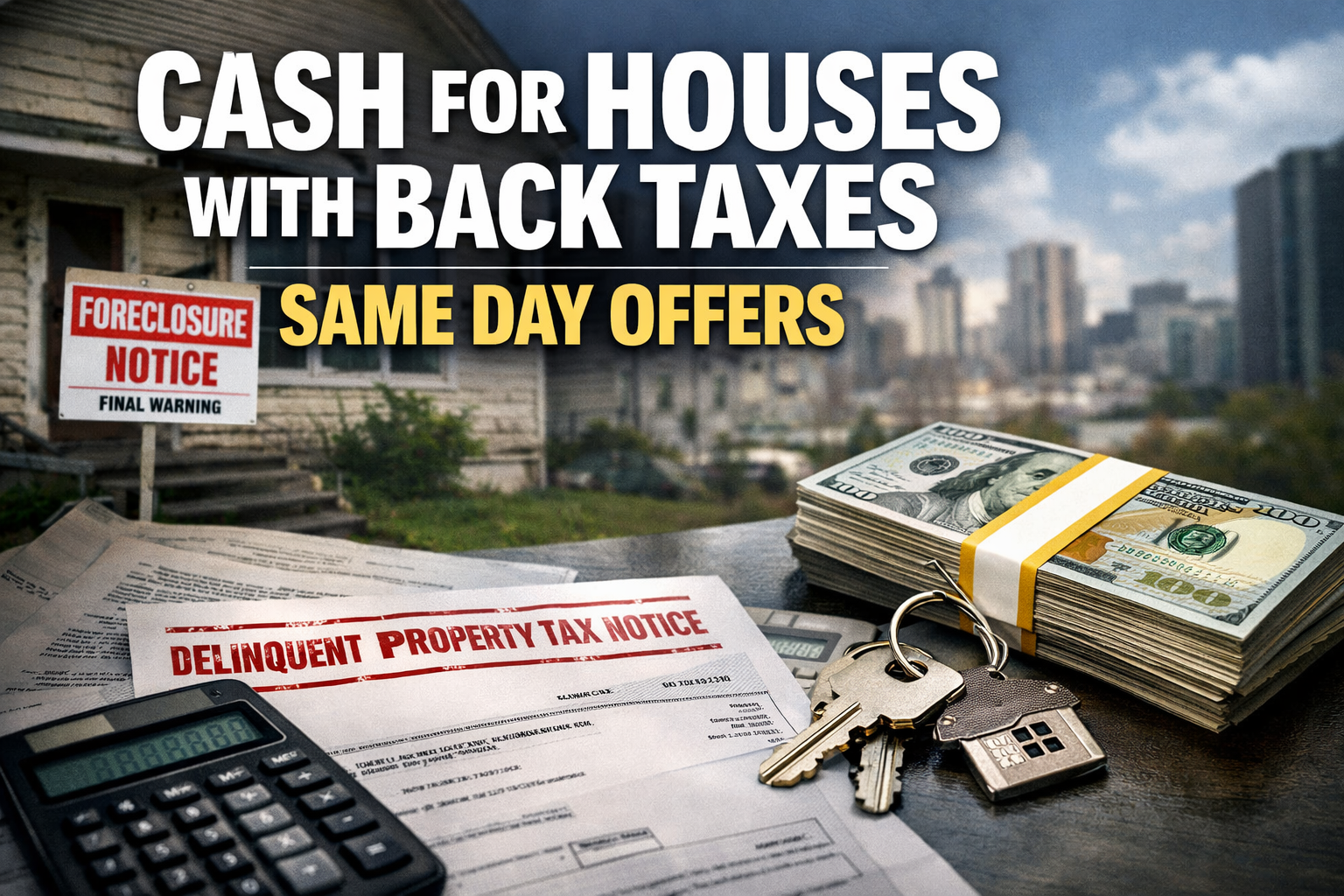 Professional hero image with bold text overlay: "Cash for Houses with Back Taxes: Same Day Offers". Modern design, high contrast, editorial 
