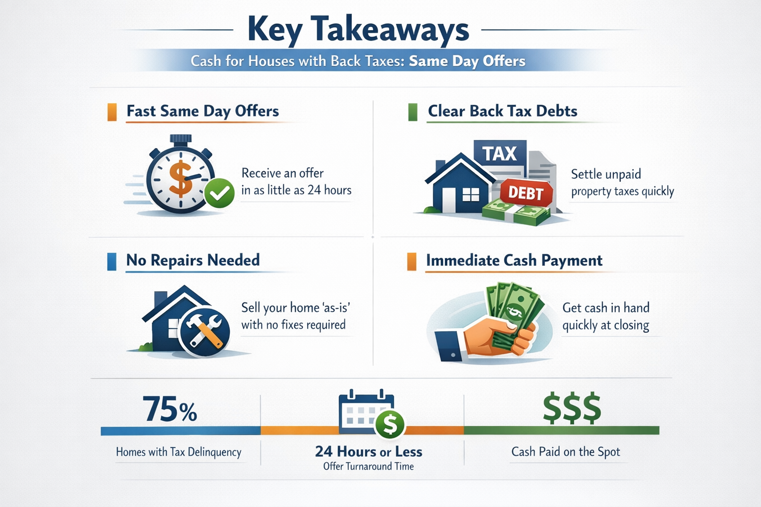 Professional infographic for article "Cash for Houses with Back Taxes: Same Day Offers", section: "Key Takeaways". Include relevant icons, d