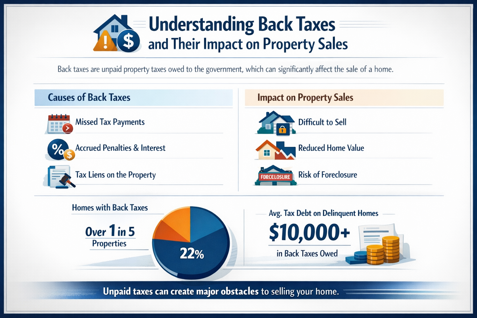Professional infographic for article "Cash for Houses with Back Taxes: Same Day Offers", section: "Understanding Back Taxes and Their Impact