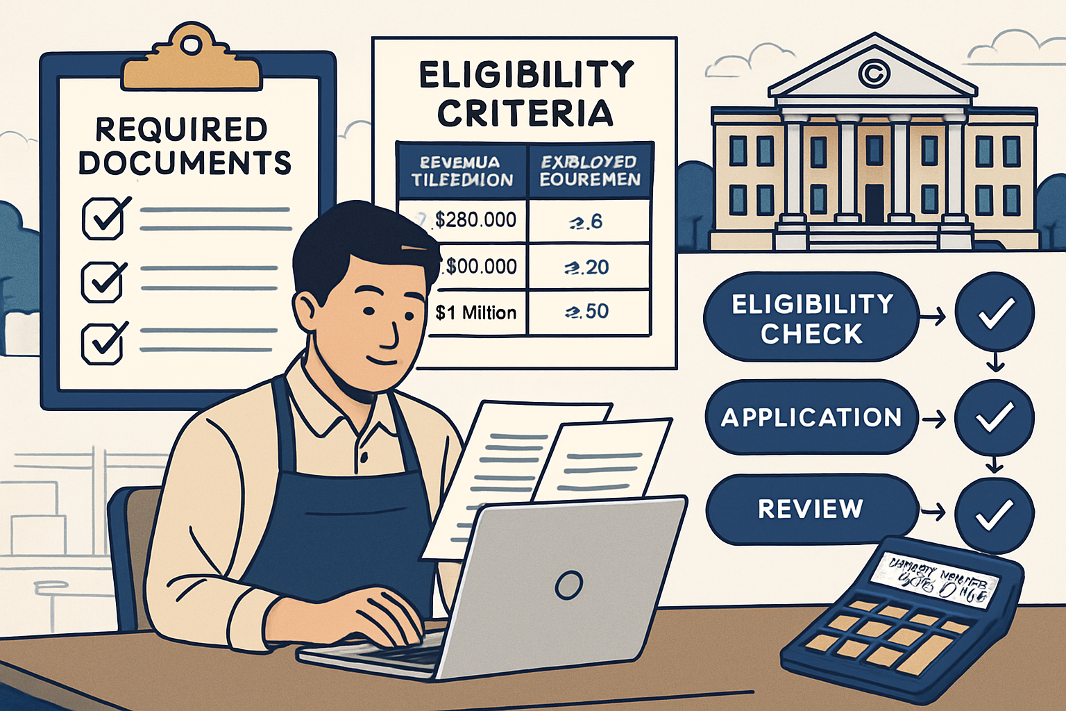 Detailed landscape illustration (1536x1024) depicting small business support eco