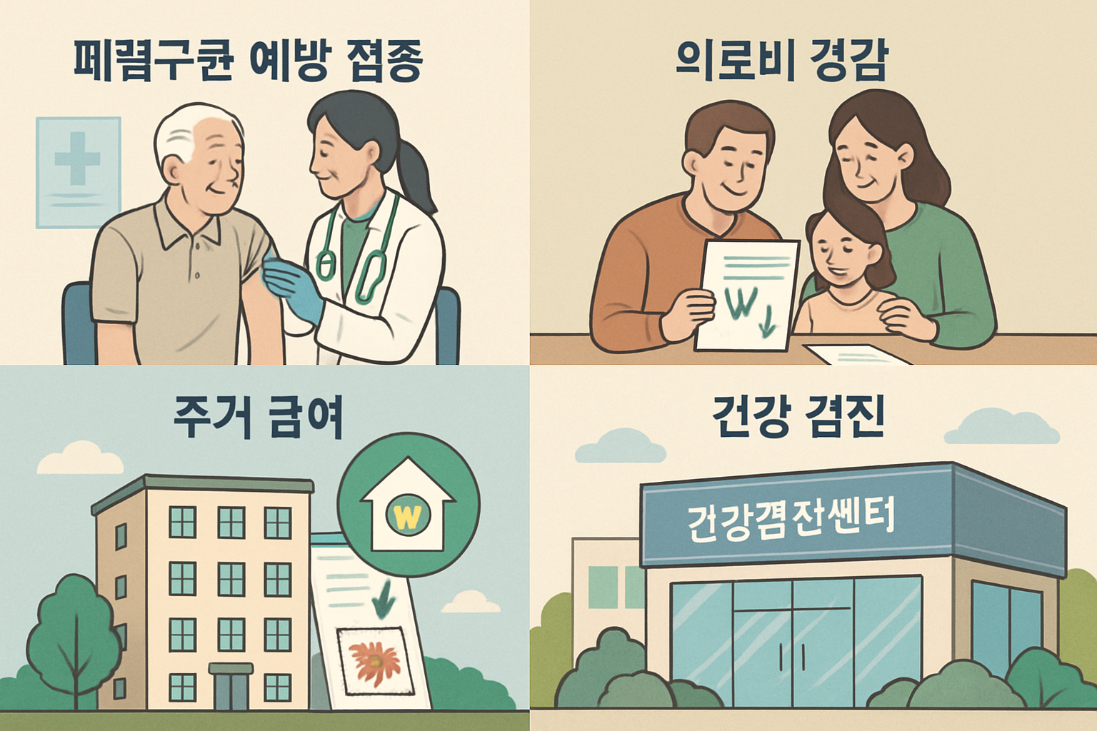 Comprehensive landscape visual (1536x1024) showing healthcare and welfare suppor