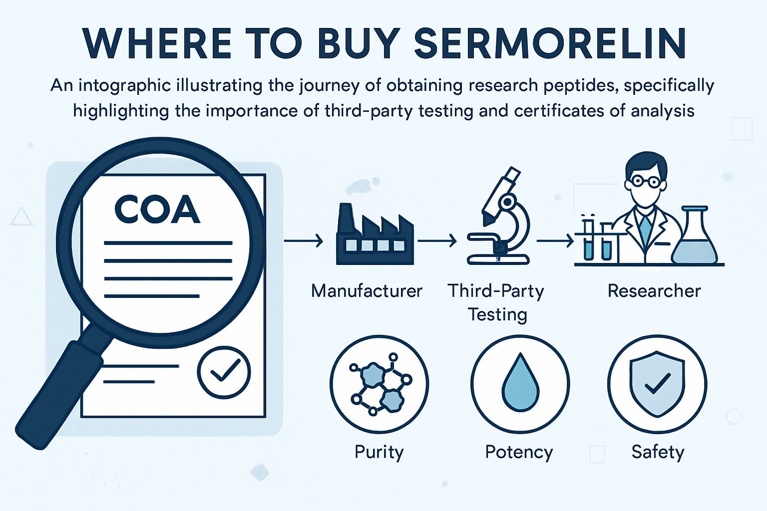 A detailed infographic illustrating the journey of obtaining research peptides, specifically highlighting the importance of third-party test