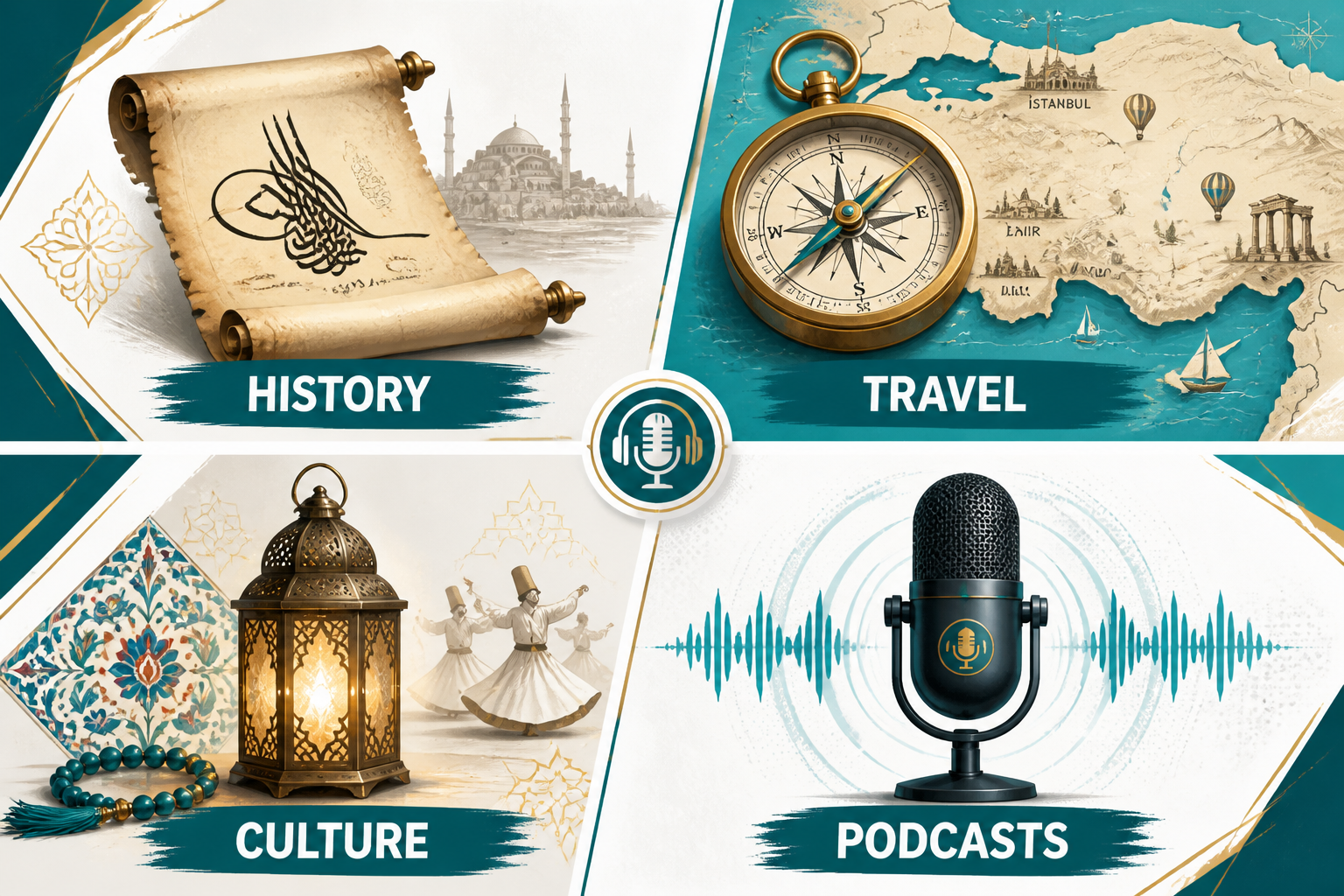 () dynamic split-panel infographic illustration showing four distinct podcast category icons arranged in a grid: a history