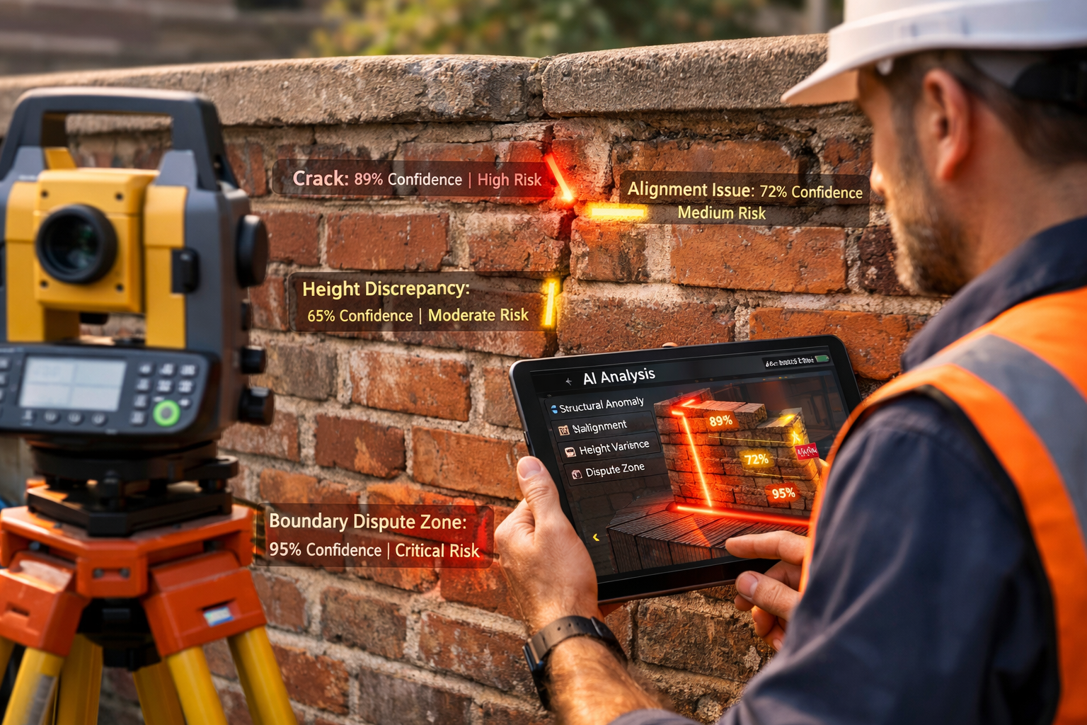 Detailed () image showing close-up of surveyor using tablet device at brick party wall boundary, with augmented reality