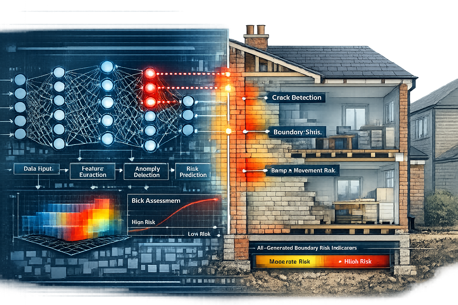 A detailed, technical editorial-style illustration showing the intersection of machine learning algorithms and party wall