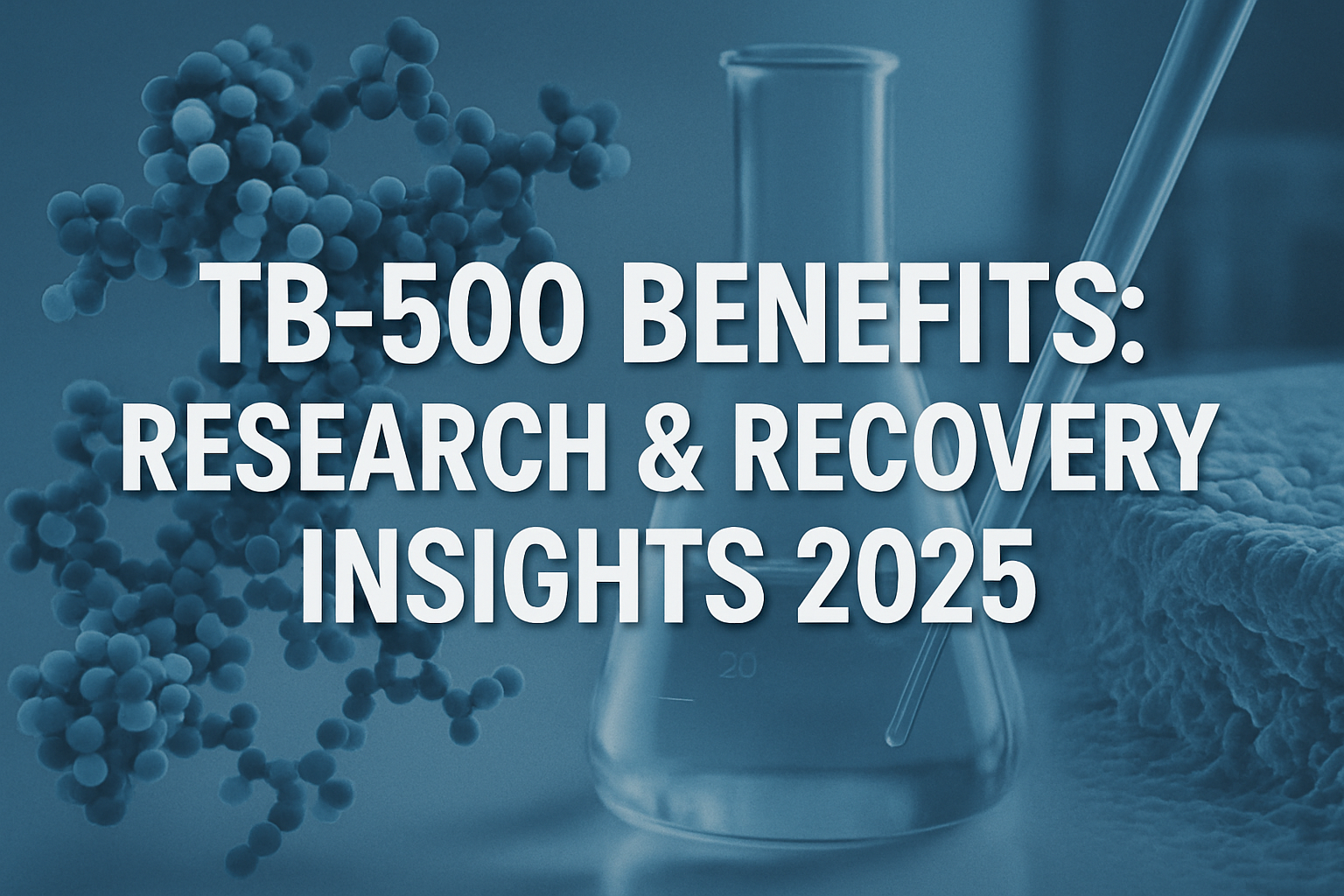 Professional landscape hero image (1536x1024) with bold text overlay 'TB-500 Benefits: Research & Recovery Insights 2025' in 70pt white sans