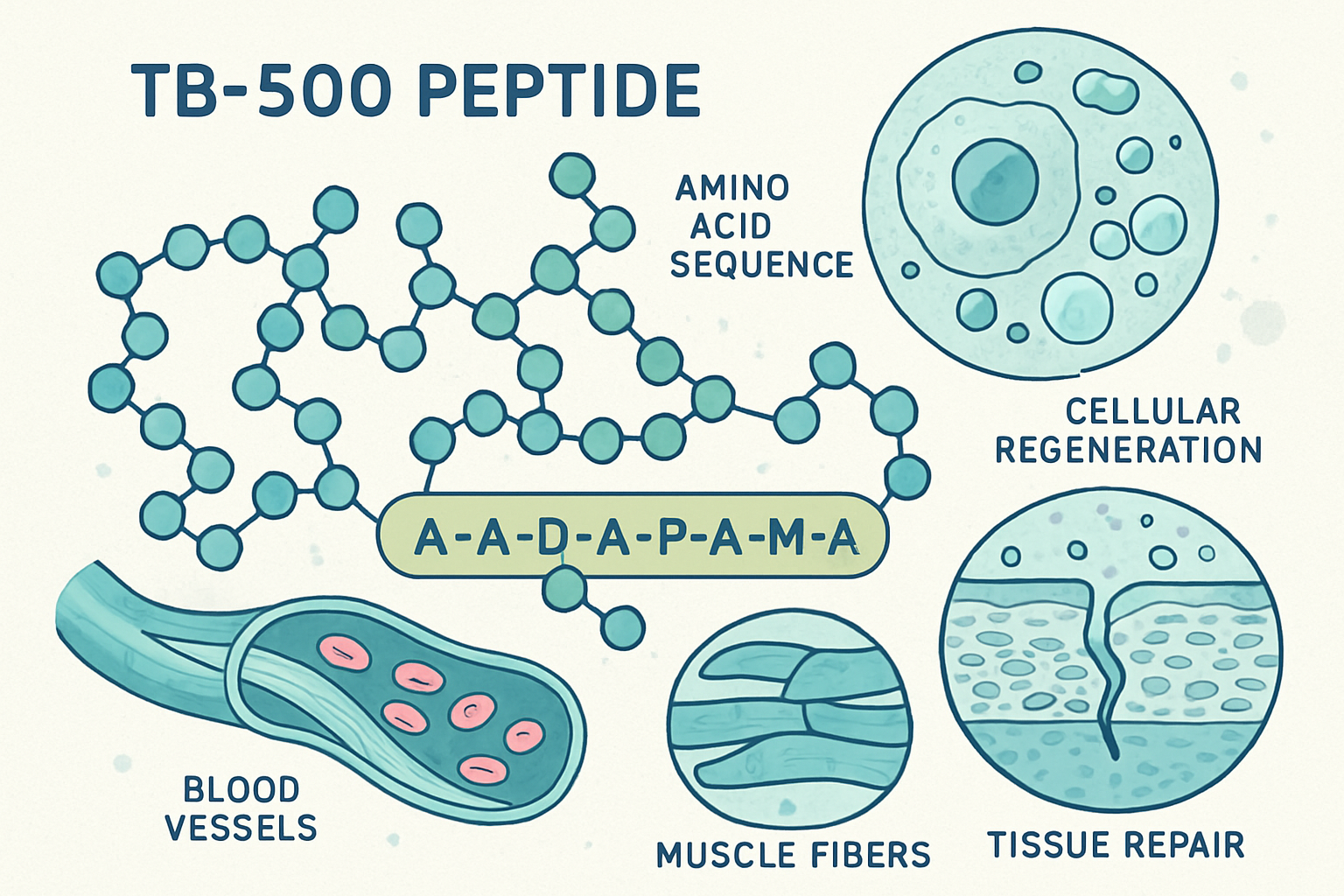 Scientific illustration showing TB-500 peptide molecular structure with highlighted amino acid sequence, surrounded by cellular regeneration