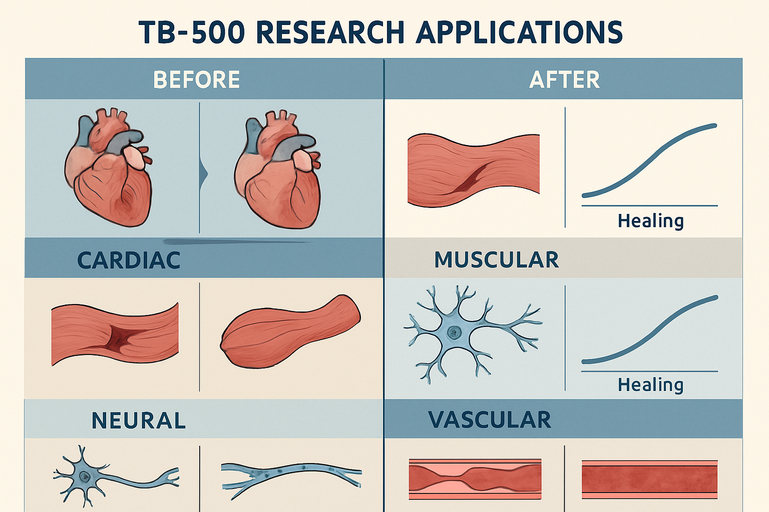Comparative infographic displaying TB-500 research applications across different tissue types - cardiac, muscular, neural, and vascular syst