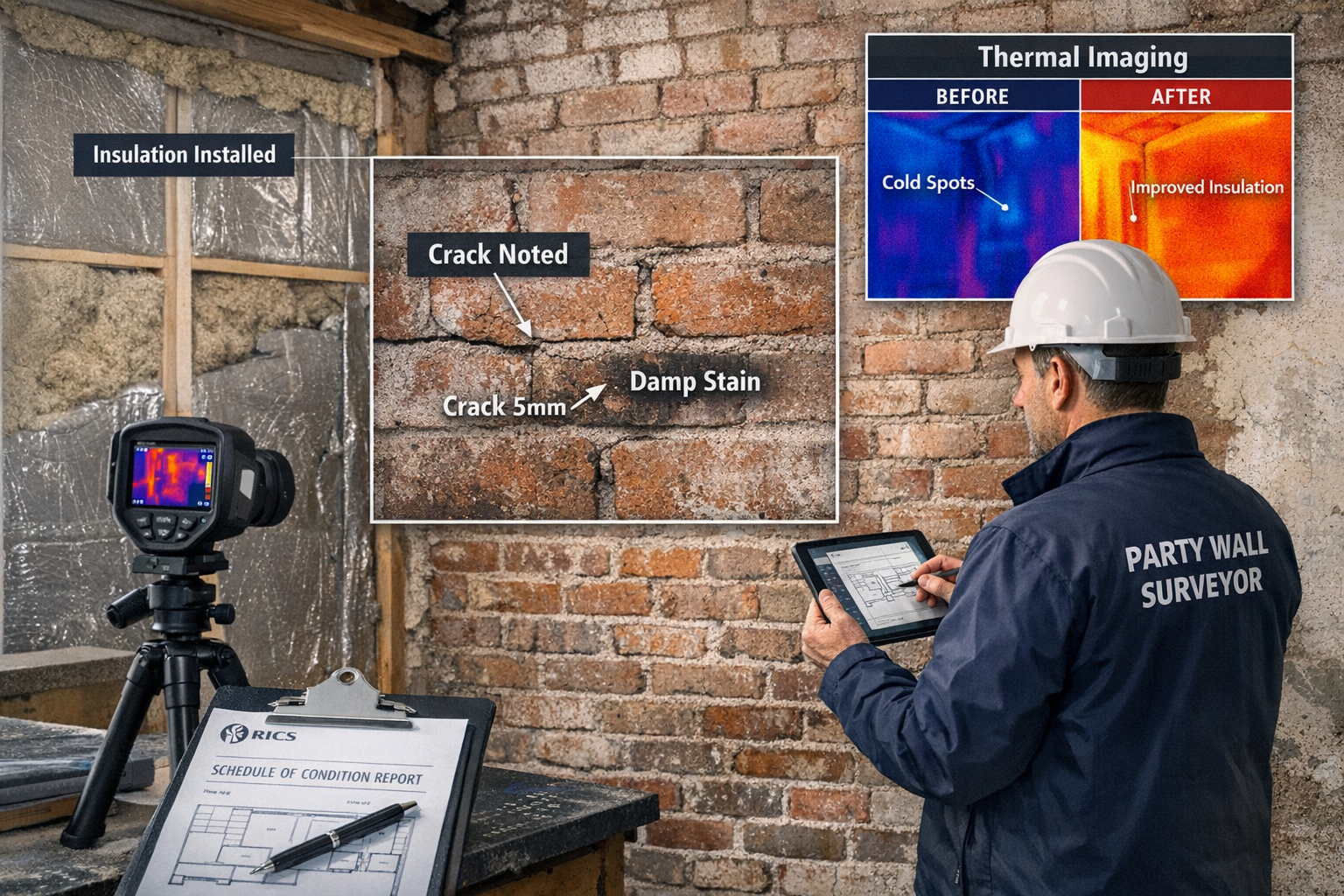 Detailed landscape format (1536x1024) image showing a professional party wall surveyor conducting a Schedule of Condition inspection in a Vi
