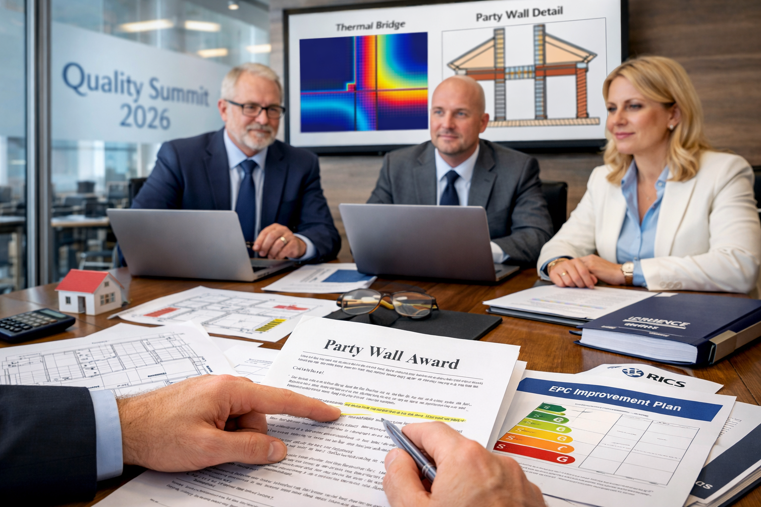 Detailed landscape format (1536x1024) image showing modern dispute resolution meeting for retrofit party wall matters. Scene depicts three p