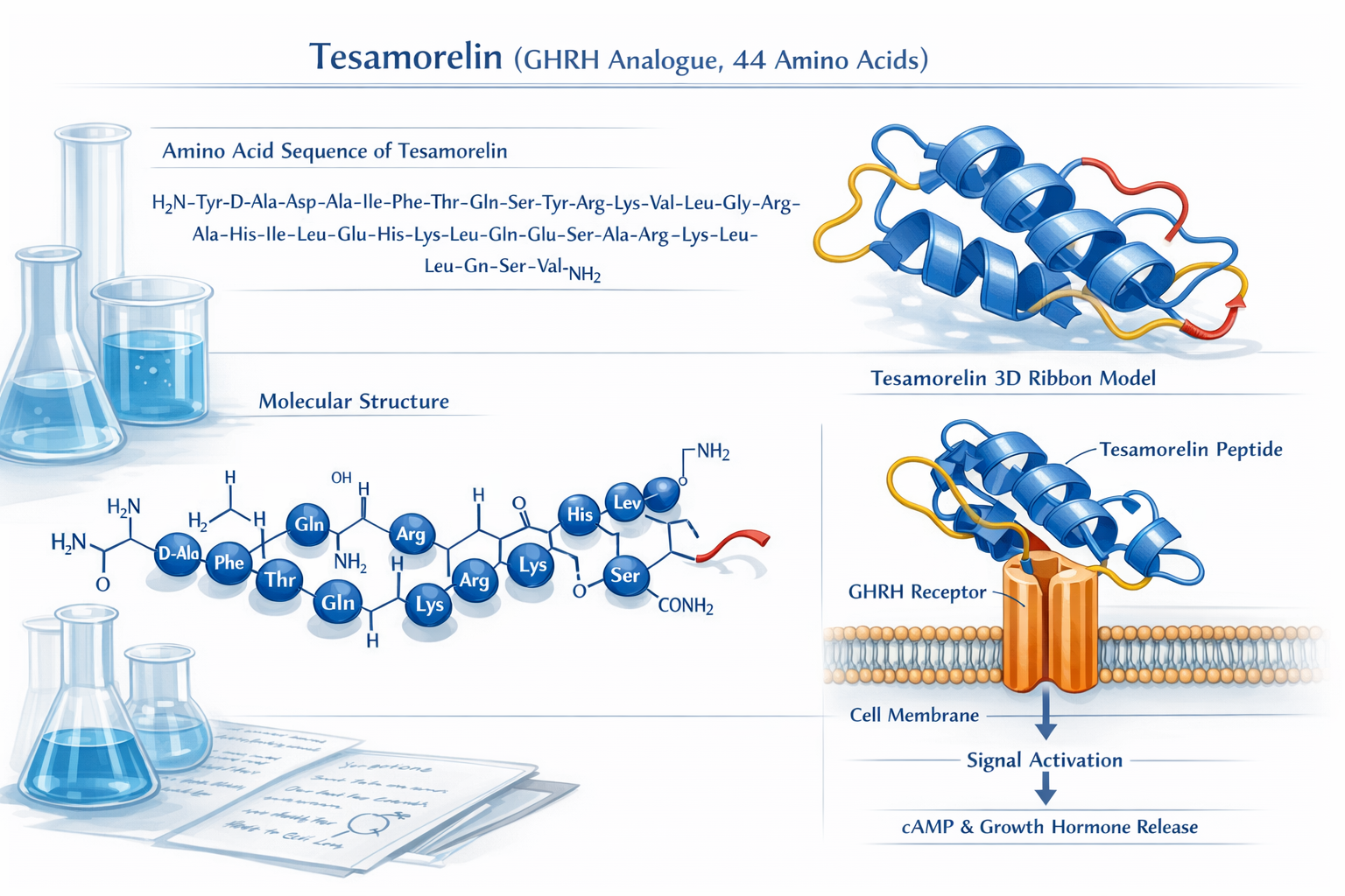 Detailed scientific illustration showing Tesamorelin peptide molecular structure with labeled amino acid sequences, 3D ribbon model, and GHR