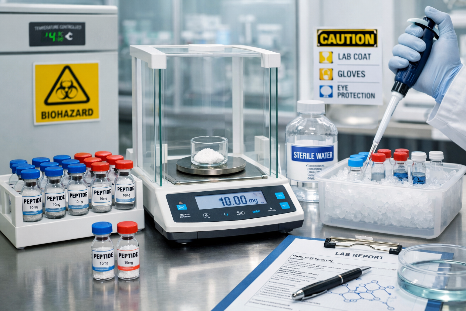 High-quality research laboratory scene showing peptide vials, precision scales, and dosing equipment with safety protocols visible. Professi
