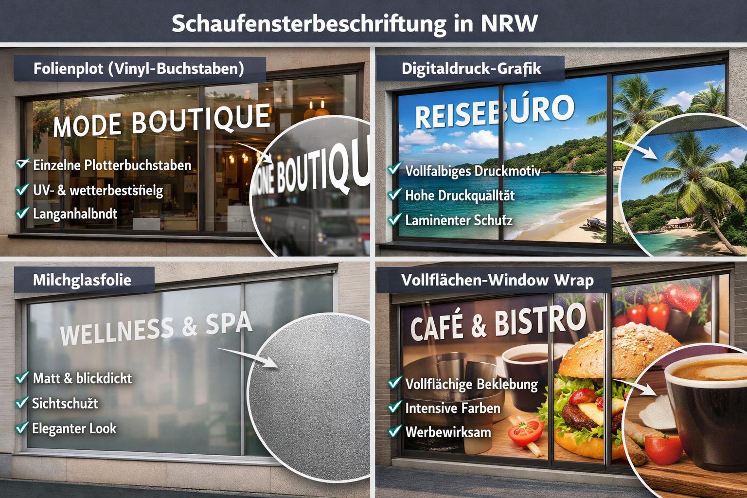 Landscape format (1536x1024) image showing detailed comparison of different window lettering types for NRW businesses: vinyl cut letters, di