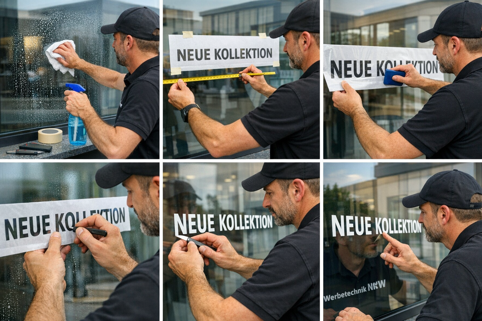 Landscape format (1536x1024) image depicting step-by-step installation process of professional window lettering in NRW retail environment. S