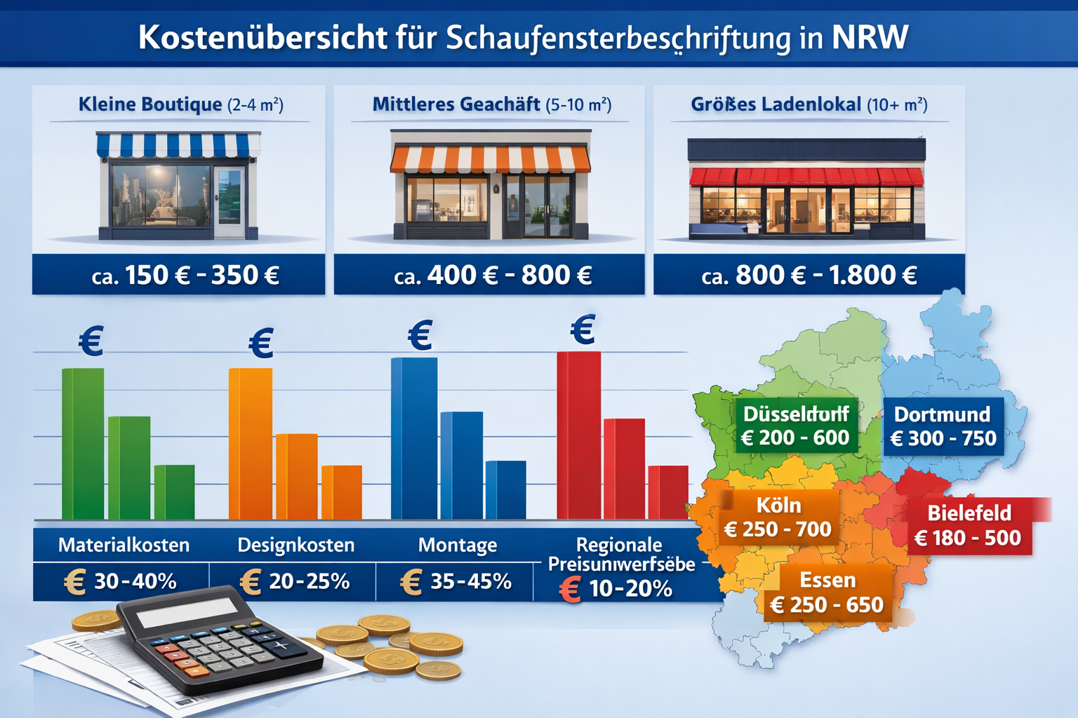 Landscape format (1536x1024) image showing cost breakdown infographic for Schaufensterbeschriftung services across NRW regions. Visual chart