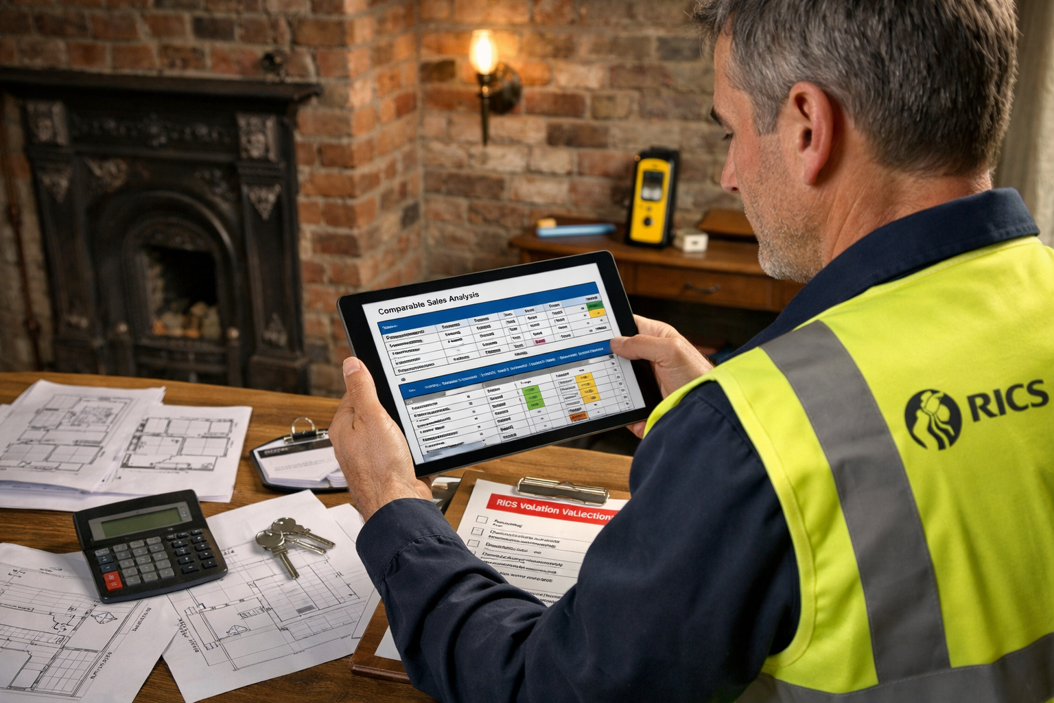 Detailed () image depicting professional RICS chartered surveyor in high-visibility vest conducting detailed property