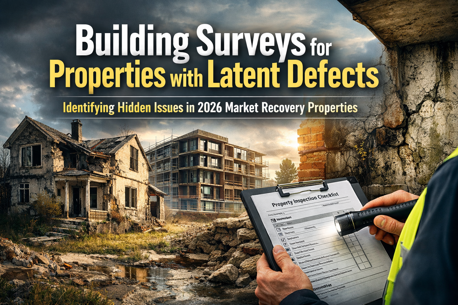 Professional landscape hero image () with : "Building Surveys for Properties with Latent Defects: Identifying Hidden Issues