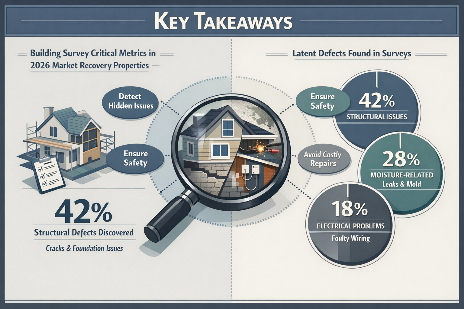 Infographic-style overview for 'Key Takeaways' section visualizing building survey critical metrics in 2026 market recovery