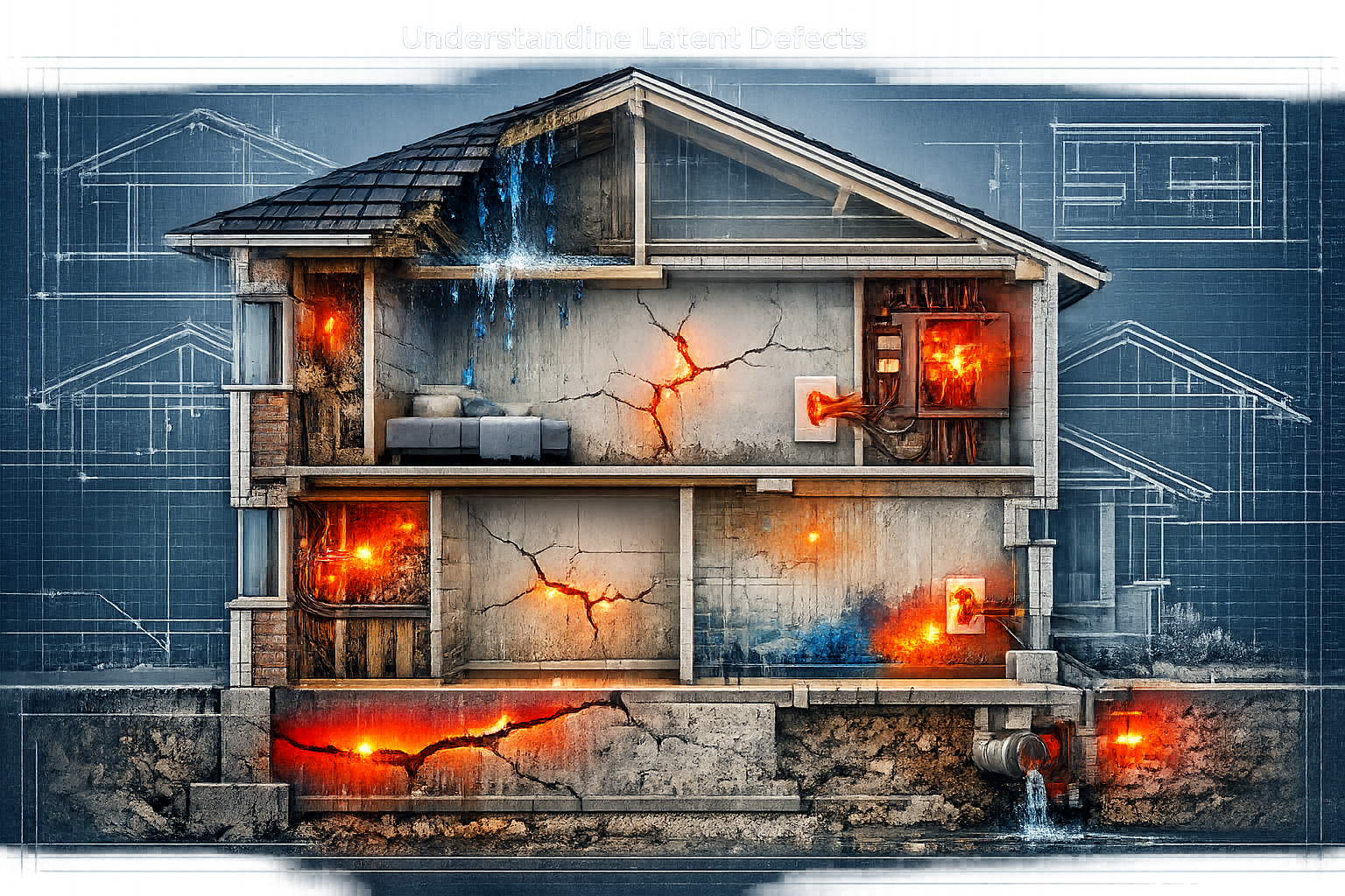Architectural cross-section visualization exploring 'Understanding Latent Defects' with cutaway view revealing hidden