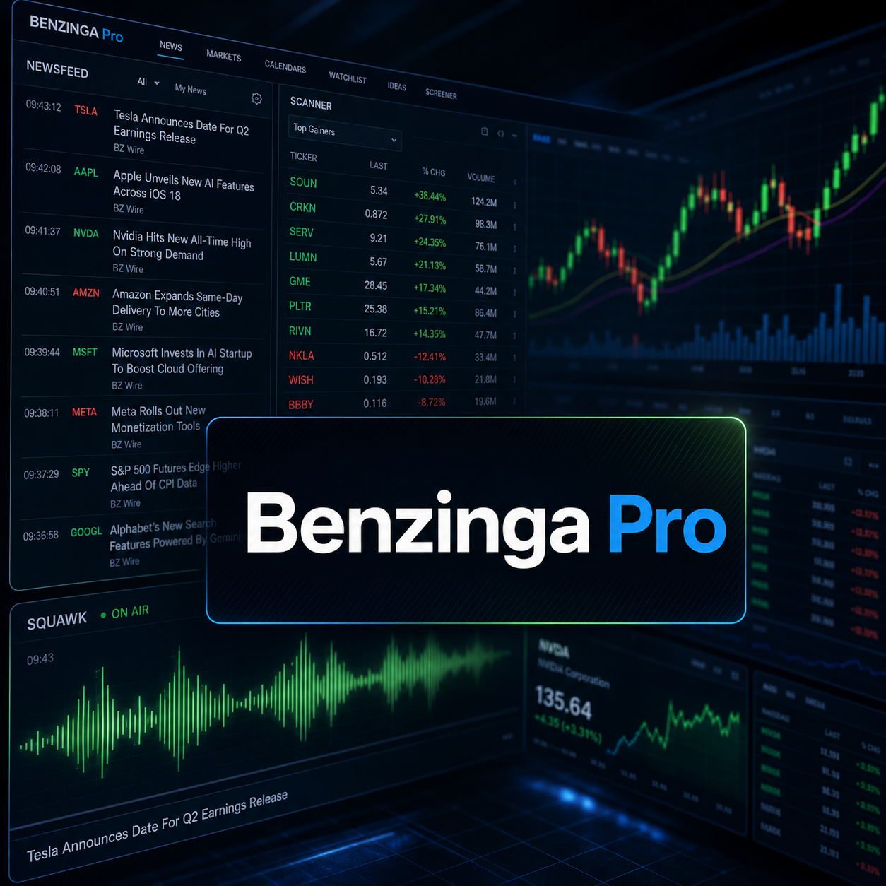 Benzinga Pro terminal dashboard with streaming news headlines, a real-time scanner and the audio squawk waveform