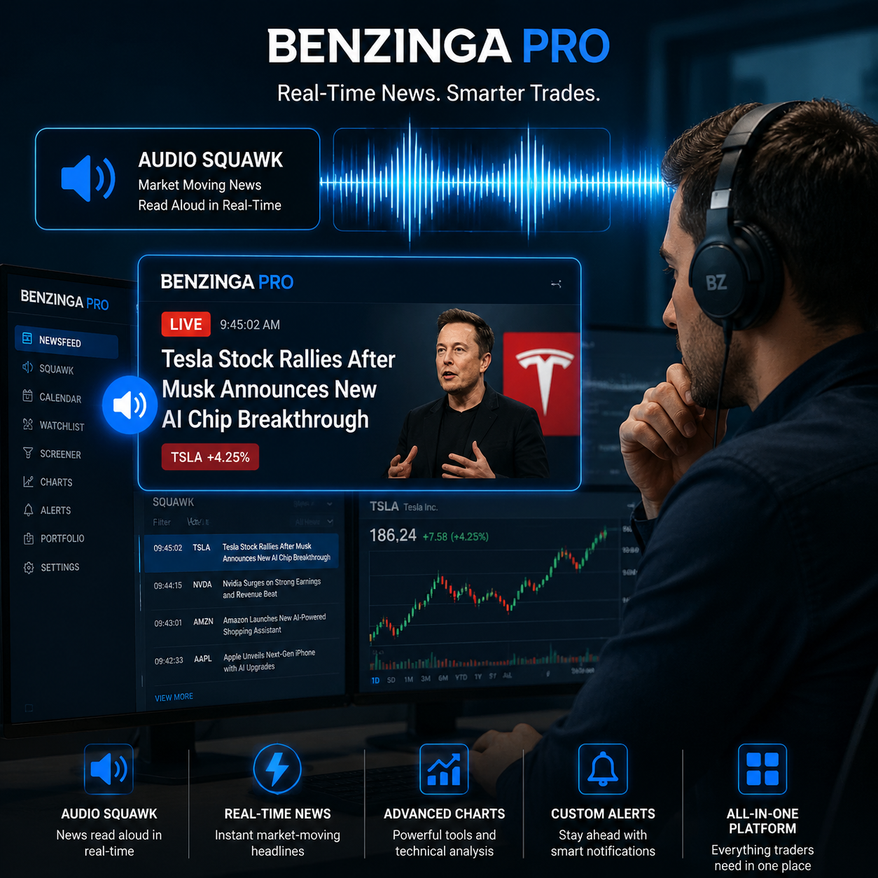 The Benzinga Pro audio squawk in use, showing a sound waveform over a live news headline card