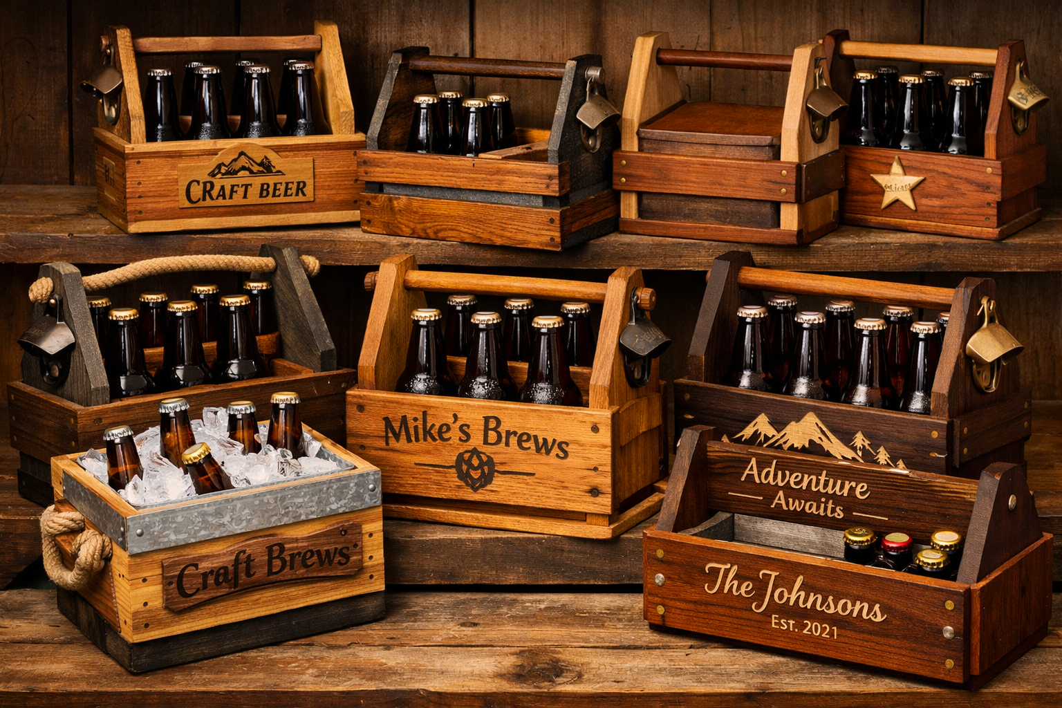 Landscape format (1536x1024) image showcasing a diverse collection of completed wooden beer caddies, each with unique designs, wood types, a