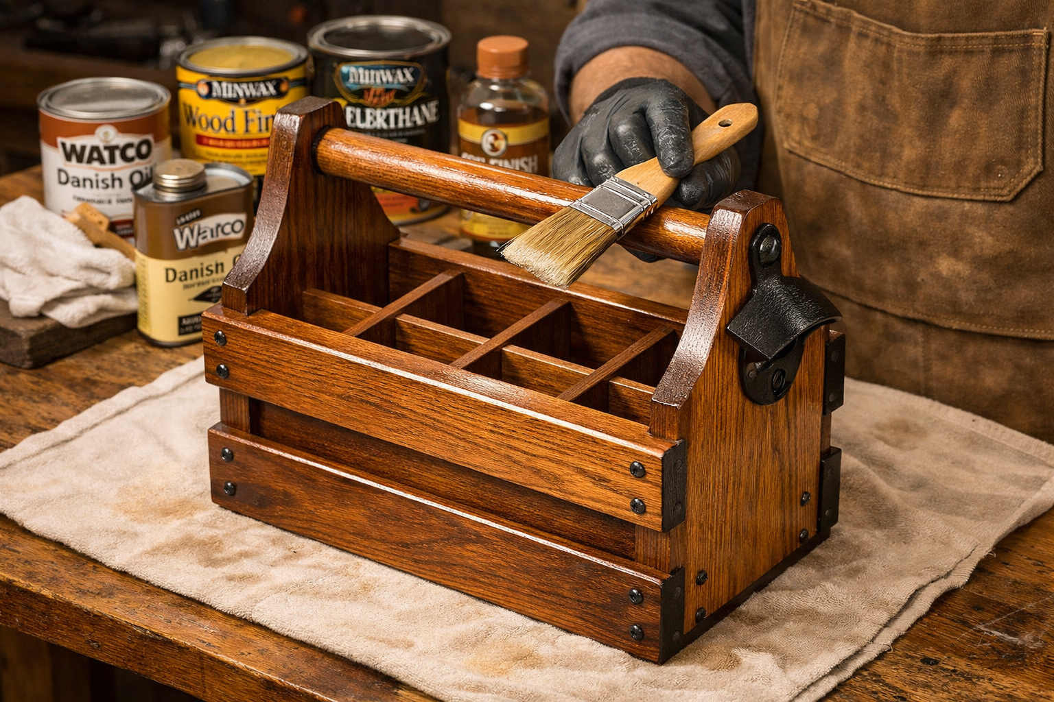 Landscape format (1536x1024) image depicting the final stages of finishing a wooden beer caddy. A craftsman is applying a protective finish