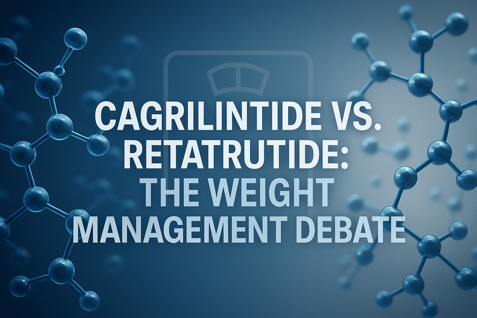 Professional landscape hero image (1536x1024) with bold text overlay: 'CAGRILINTIDE VS. RETATRUTIDE: THE WEIGHT MANAGEMENT DEBATE', modern s