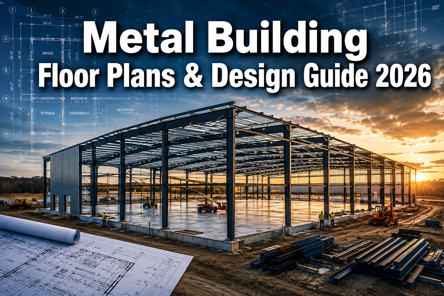Professional () hero image with : 'Metal Building Floor Plans & Design Guide 2026' in extra large white with dark drop ,