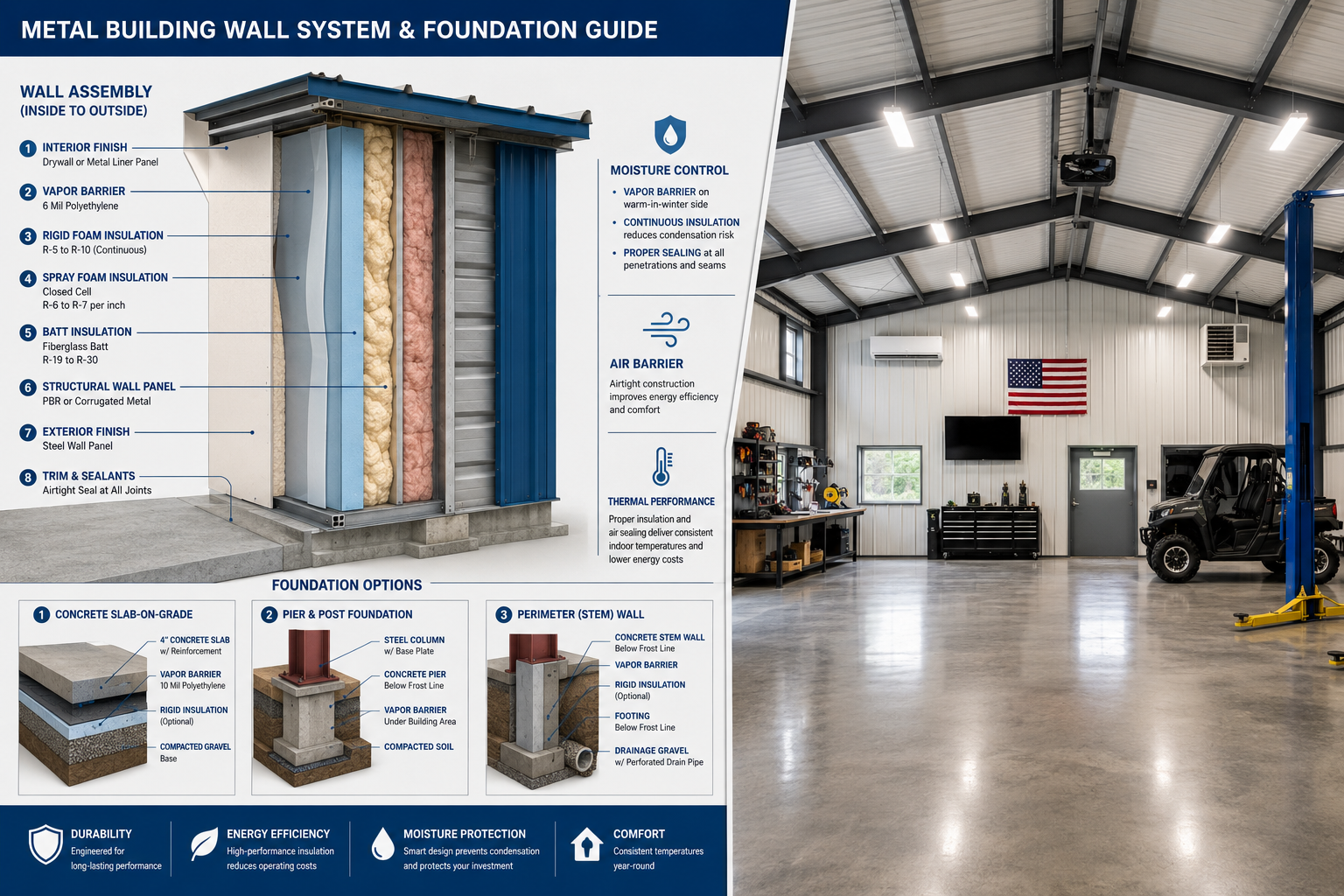 Detailed () split-scene image showing left side: a cross-section cutaway diagram of metal building wall assembly with