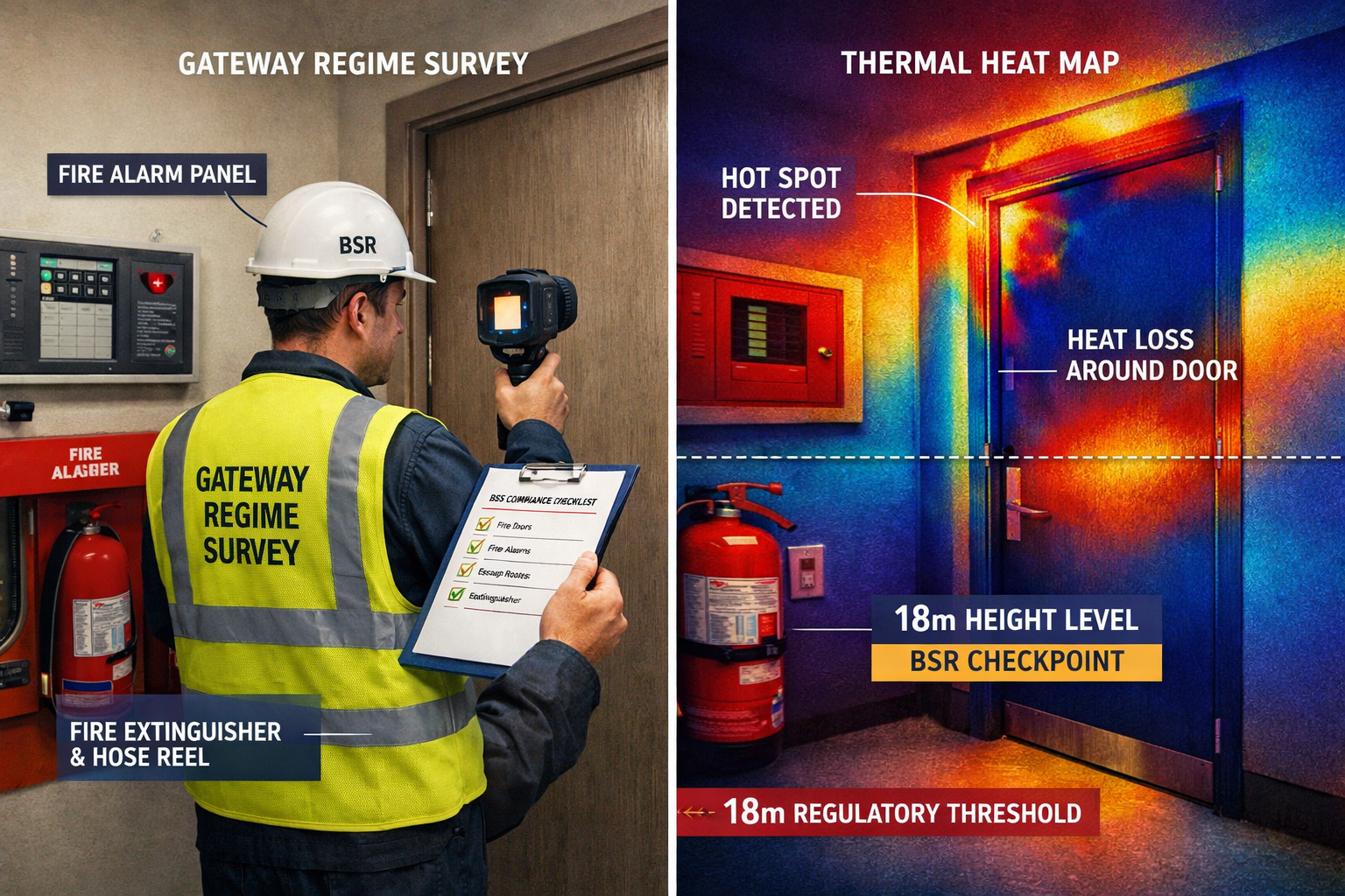 () detailed image showing professional surveyor conducting fire safety assessment inside high-rise residential building