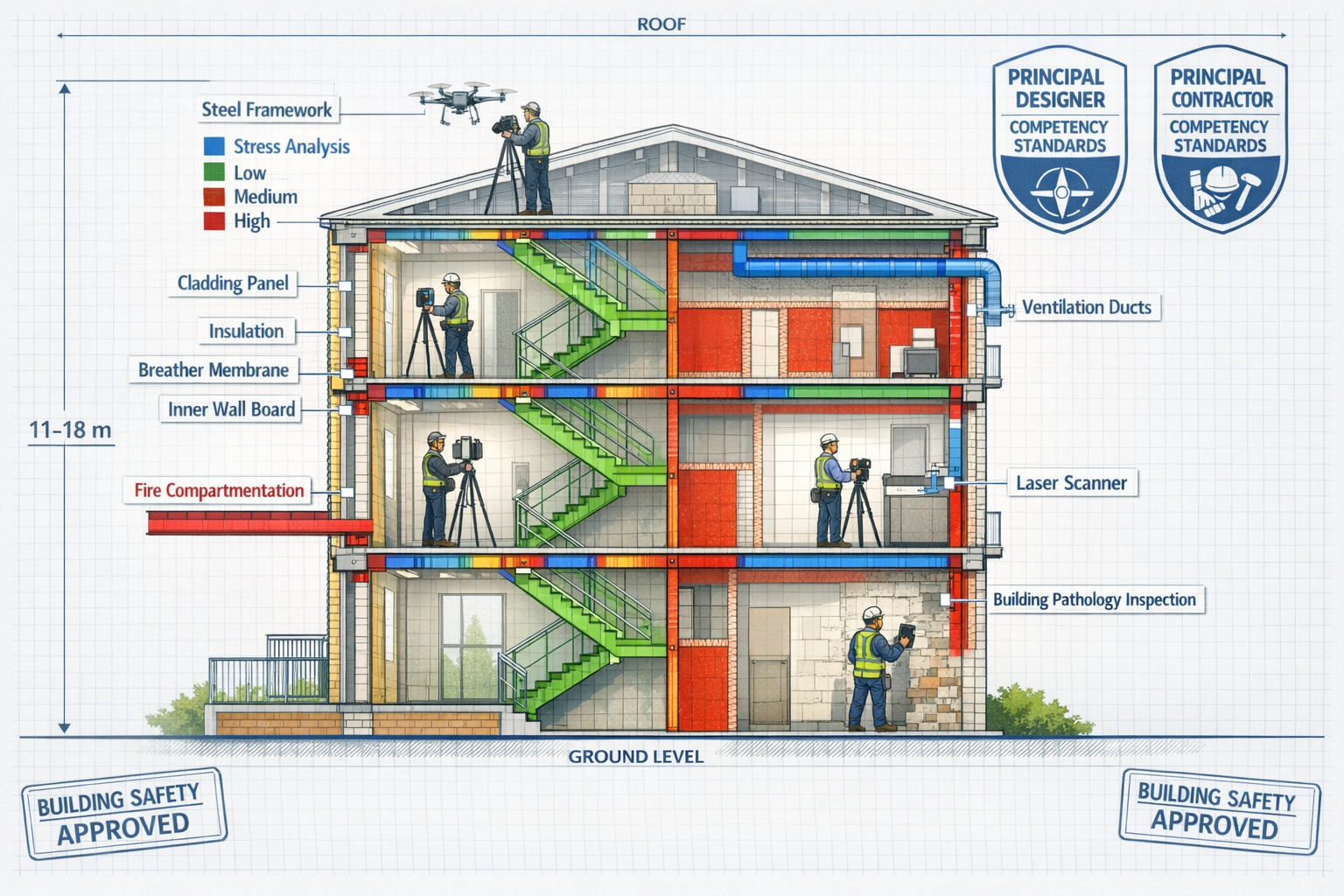 () technical illustration showing cross-section cutaway view of multi-storey residential building between 11-18 metres