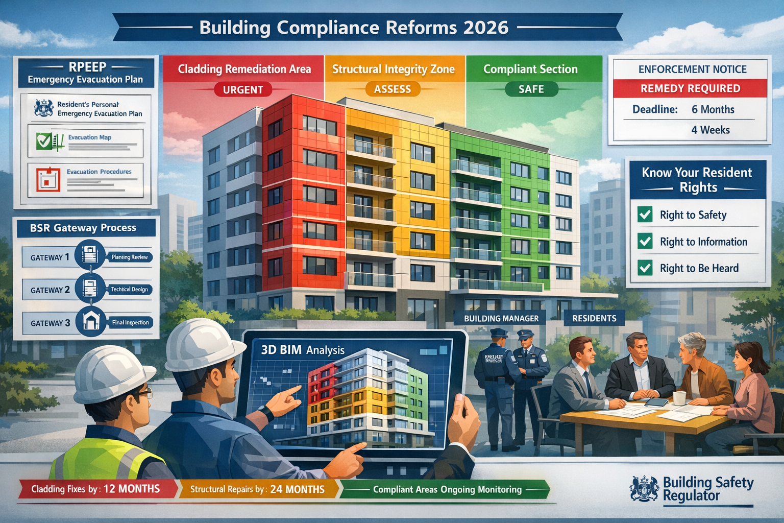 () professional infographic-style image depicting residential building compliance workflow from 2026 reforms. Central focus