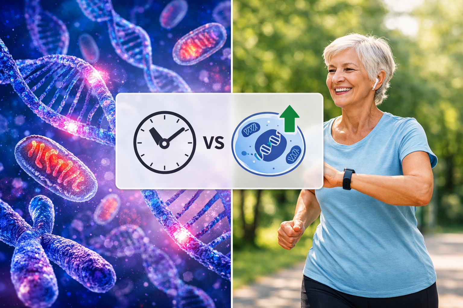 Editorial landscape image (1536x1024) showing scientific concept of biological aging versus chronological aging: split-screen composition wi