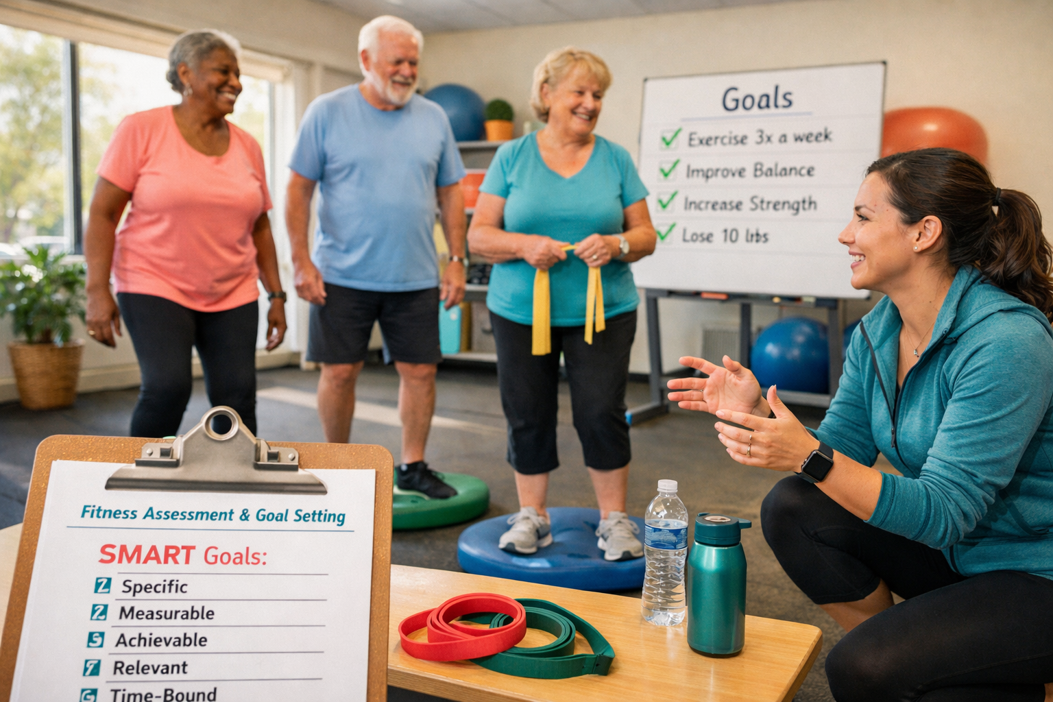 Editorial landscape image (1536x1024) depicting fitness goal-setting for seniors: warm, inviting scene of diverse adults aged 60-70 in consu